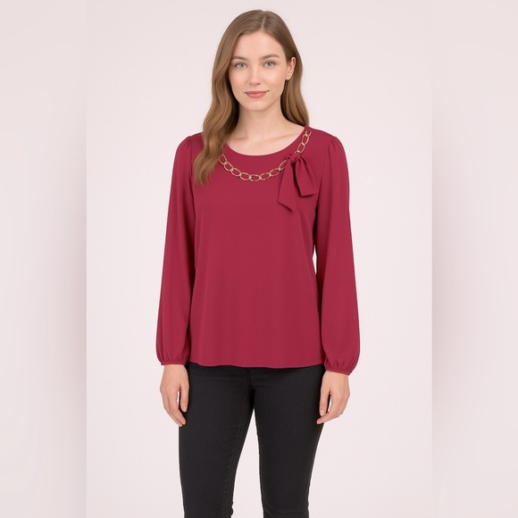 1762- Cable & Gauge Women’s Long Sleeve Blouse with Gold Chain Detail Size M NWT - Picture 1 of 10